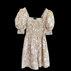 1.STATE Puff Sleeve Mini Cream & Brown Floral 100% Cotton Dress‎ Size M #528
